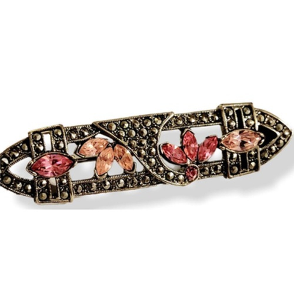 Vintage Pink Rhinestone Brooch Pin Marcasite 1928 Jewelry Victorian Style so-3